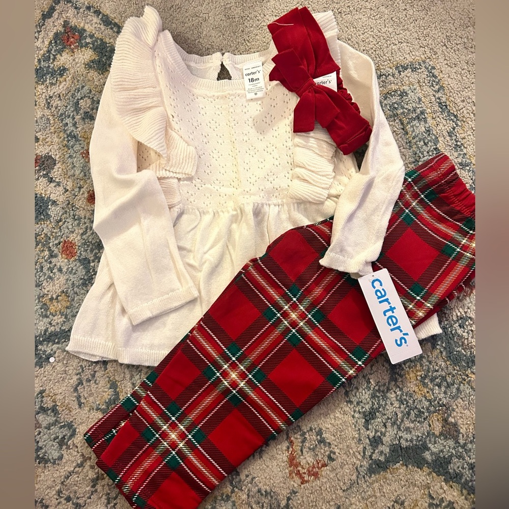 NWT Carter's Cream Top and Red Plaid Leggings Set